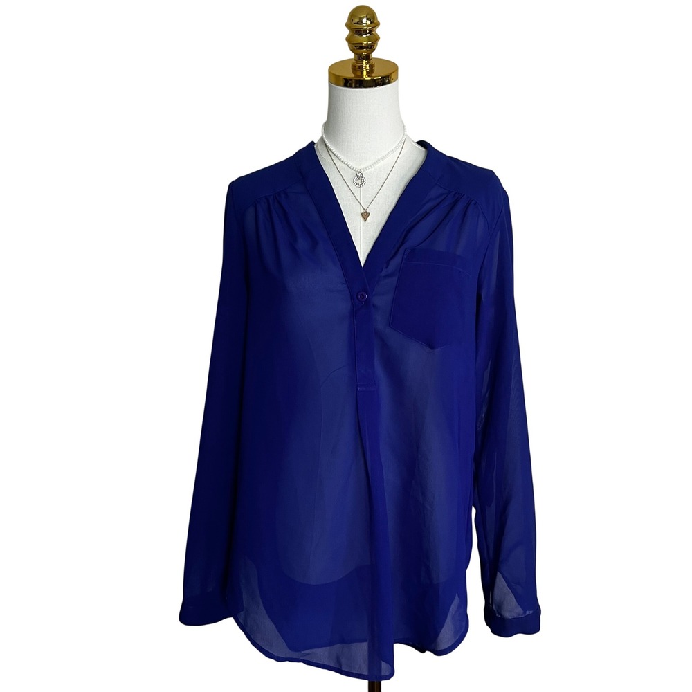 Alloy Apparel Royal Blue Sheer V-Neck Henley Blouse Top Large